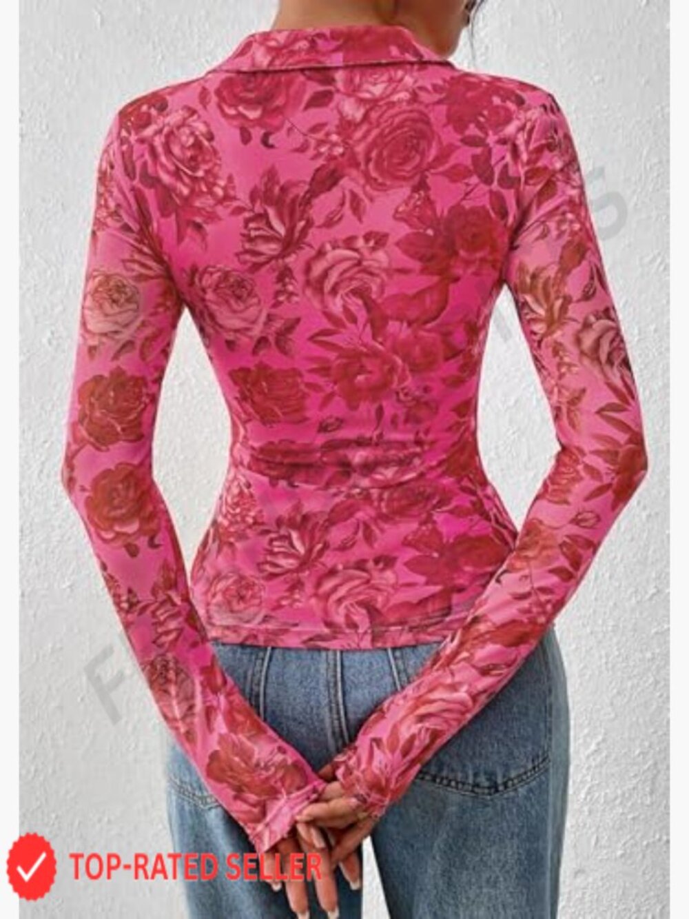 Floral Button Down Blouse V Neck Long Sleeve Sheer Mesh Boho Top Date Night - Picture 5 of 7